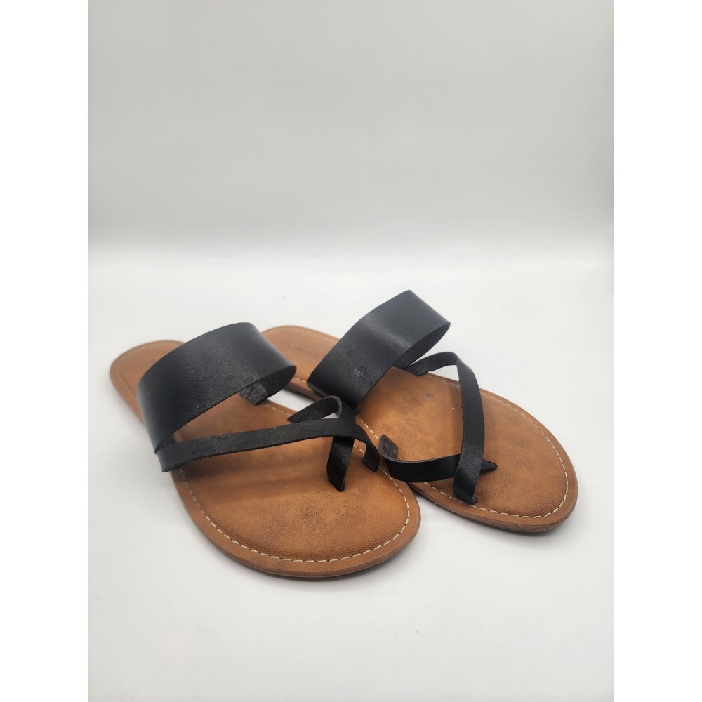 Amazon Essentials Strappy Toe Loop Flat Slide Sandals Black Size 7